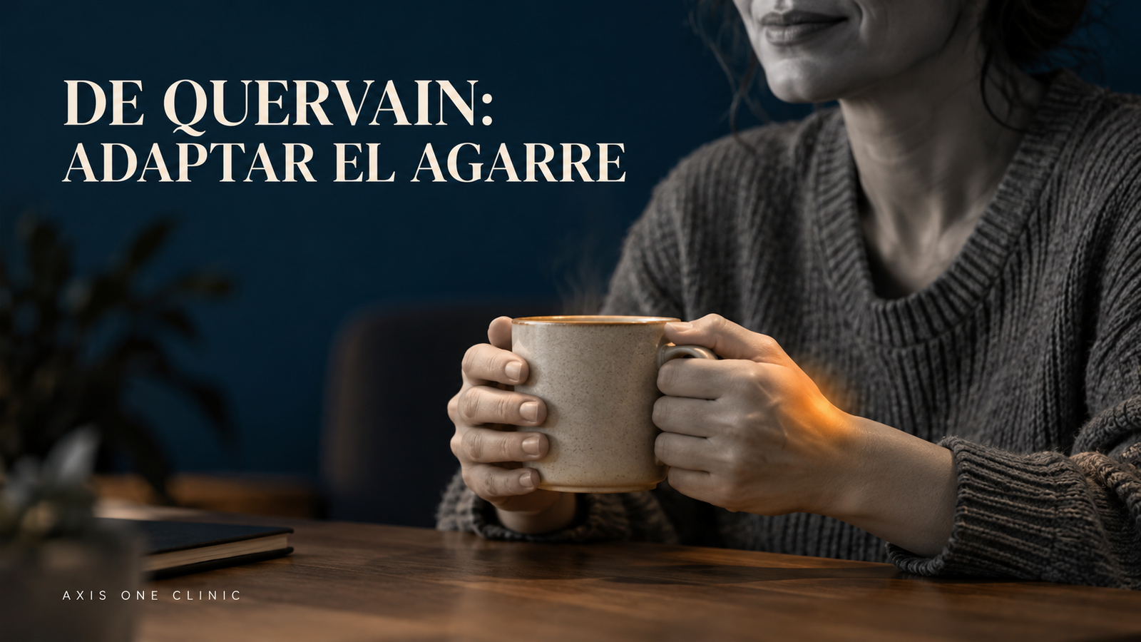Persona sosteniendo una taza con ambas manos para adaptar el agarre