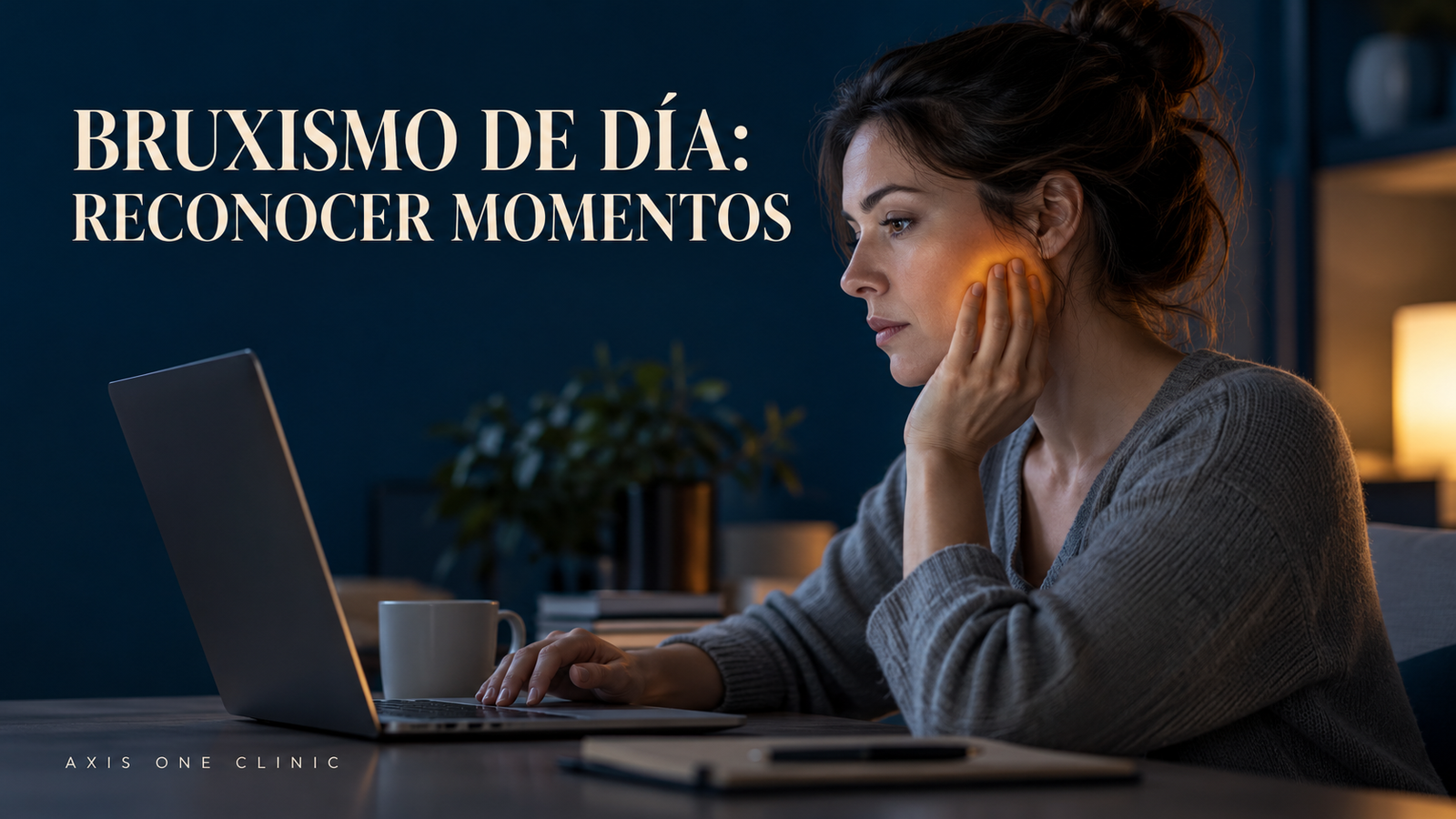 Persona trabajando con la mano en la mandíbula