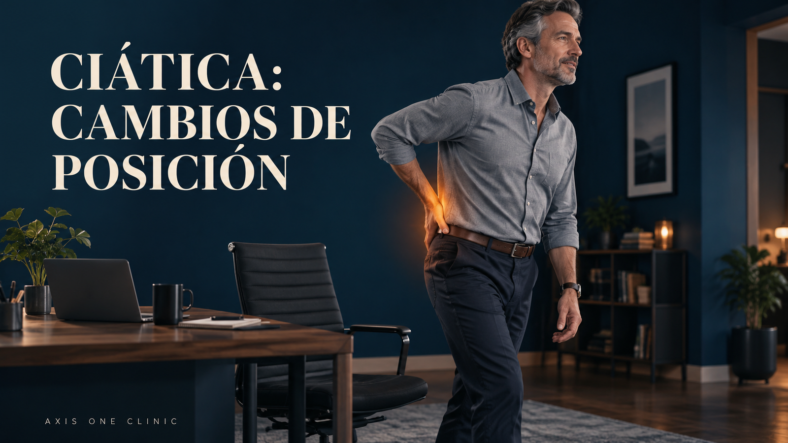 Persona cambiando de posición junto a una silla con la zona de la pierna resaltada