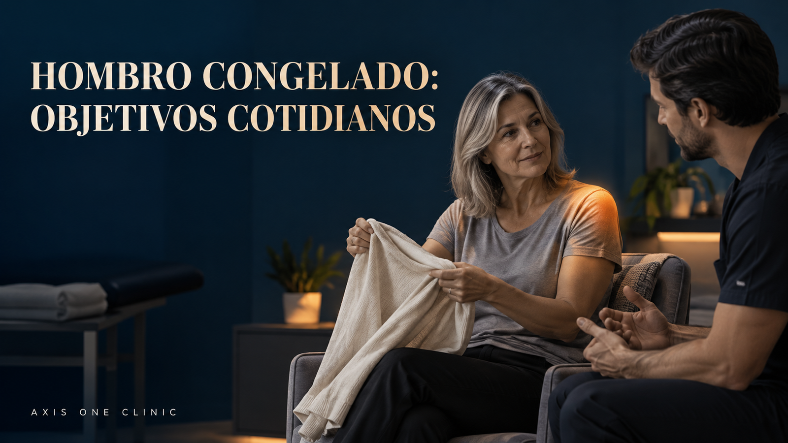 Persona conversando sobre vestirse con molestias de hombro