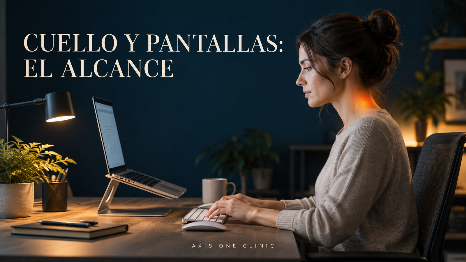 Persona revisando la posición de la pantalla y los alcances del escritorio