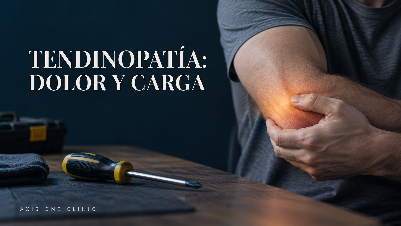 Persona señalando un tendón doloroso en la zona del codo