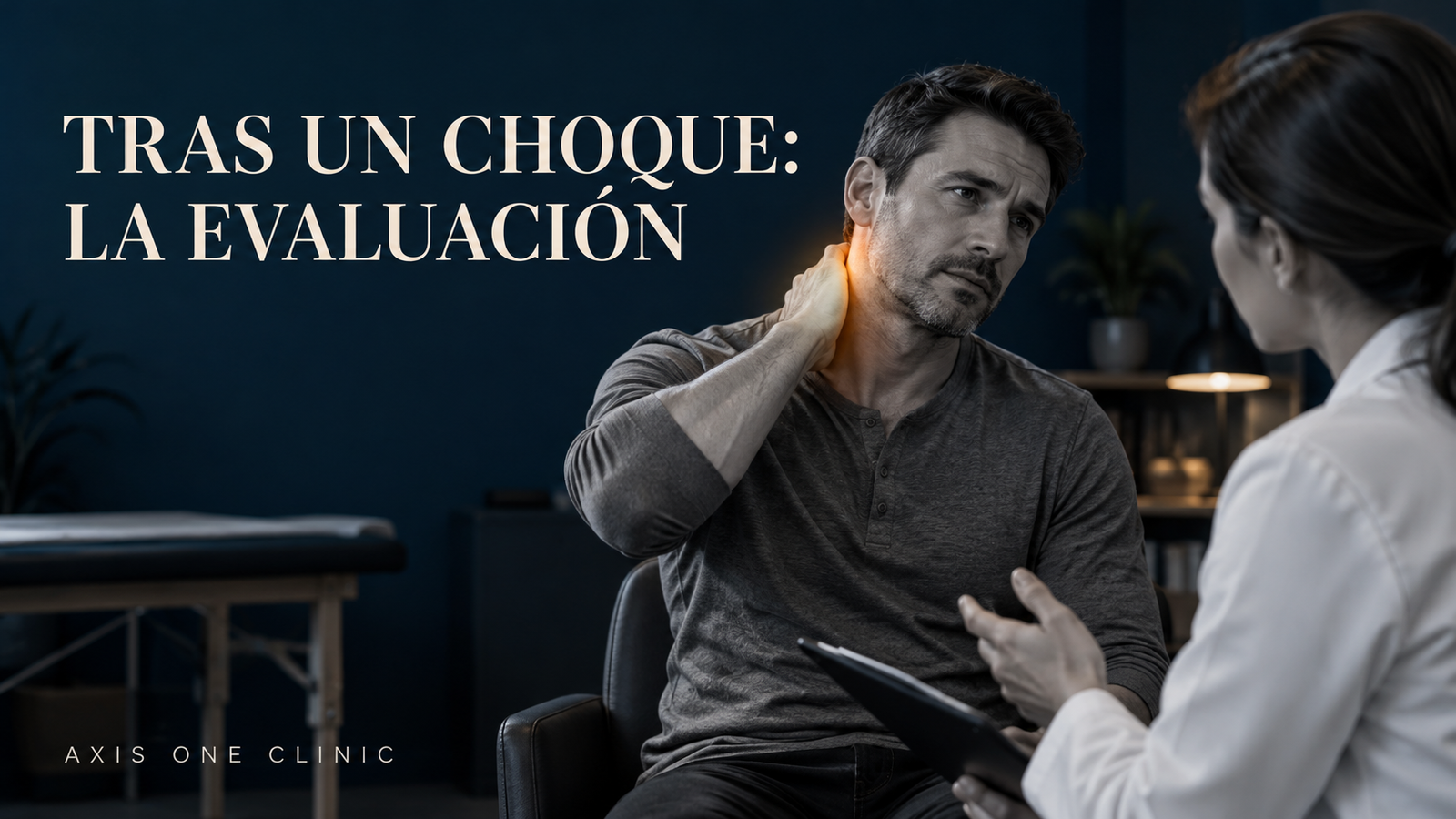 Persona describiendo dolor cervical durante una evaluación tras un choque