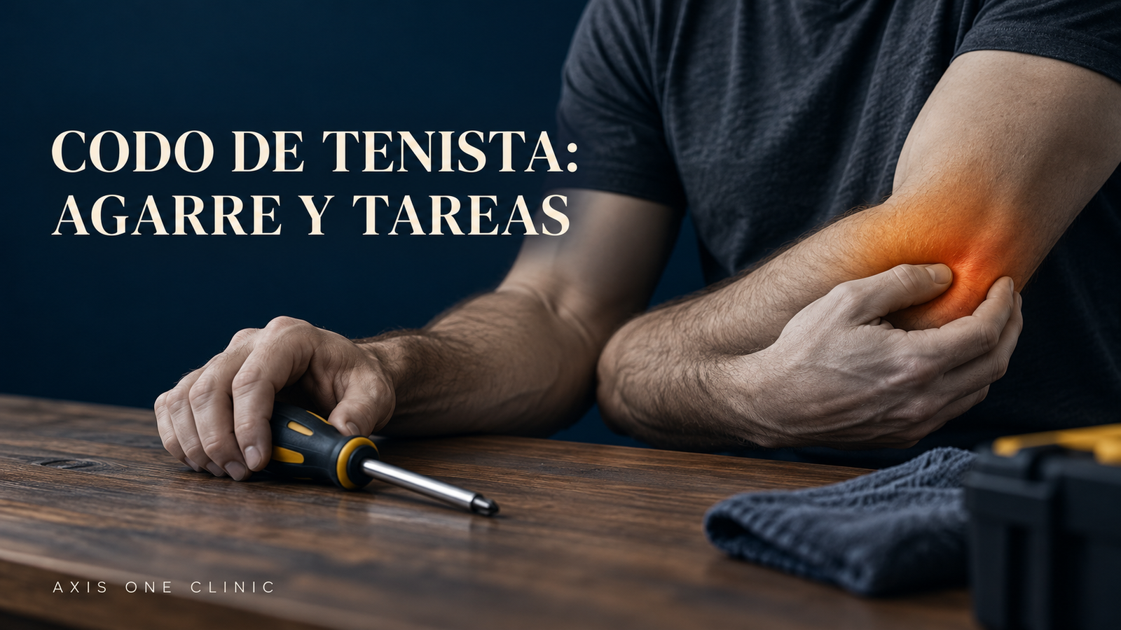 Zona externa del codo señalada junto a una herramienta de mano
