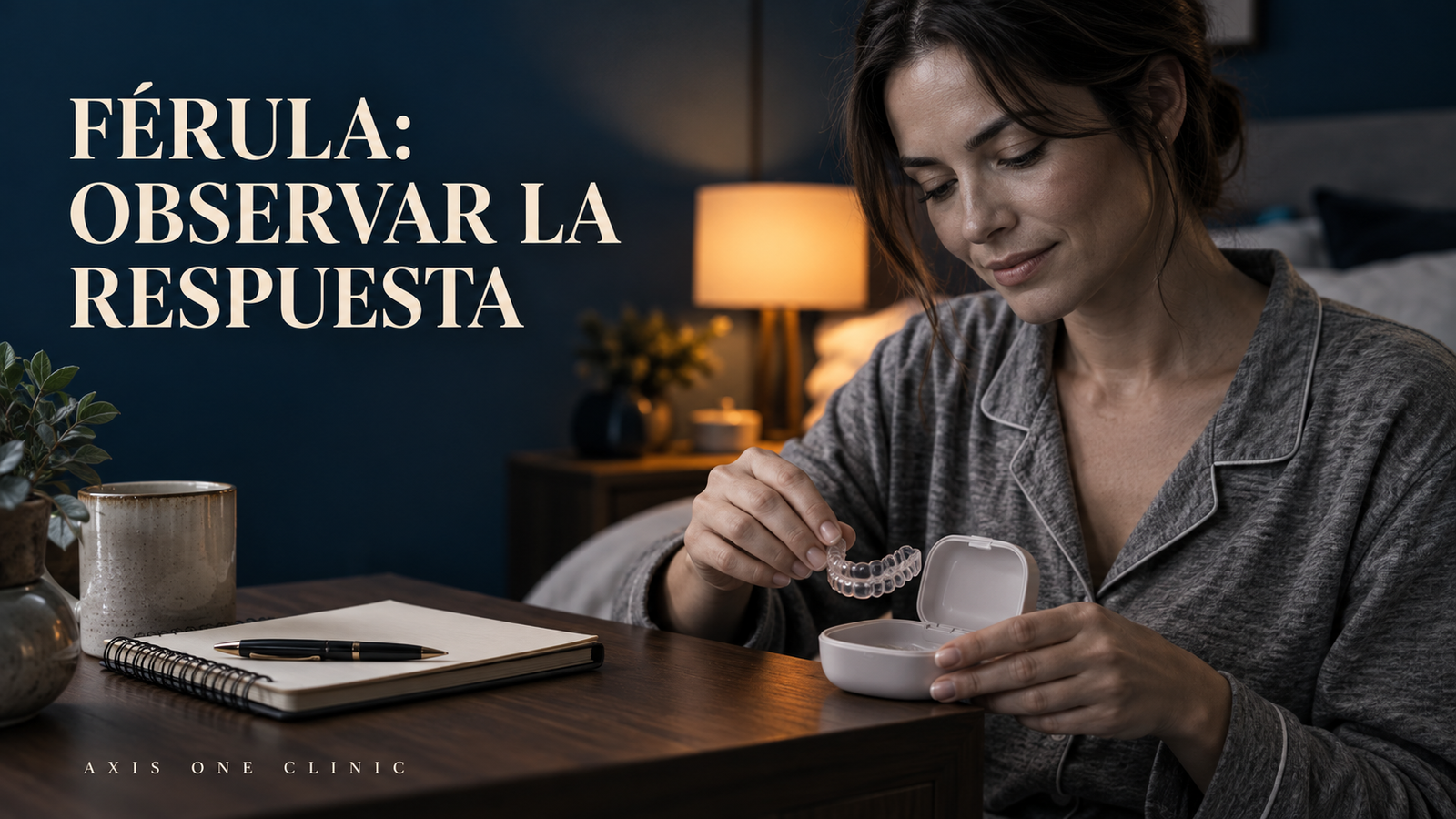 Persona observando una férula dental en casa junto a un cuaderno