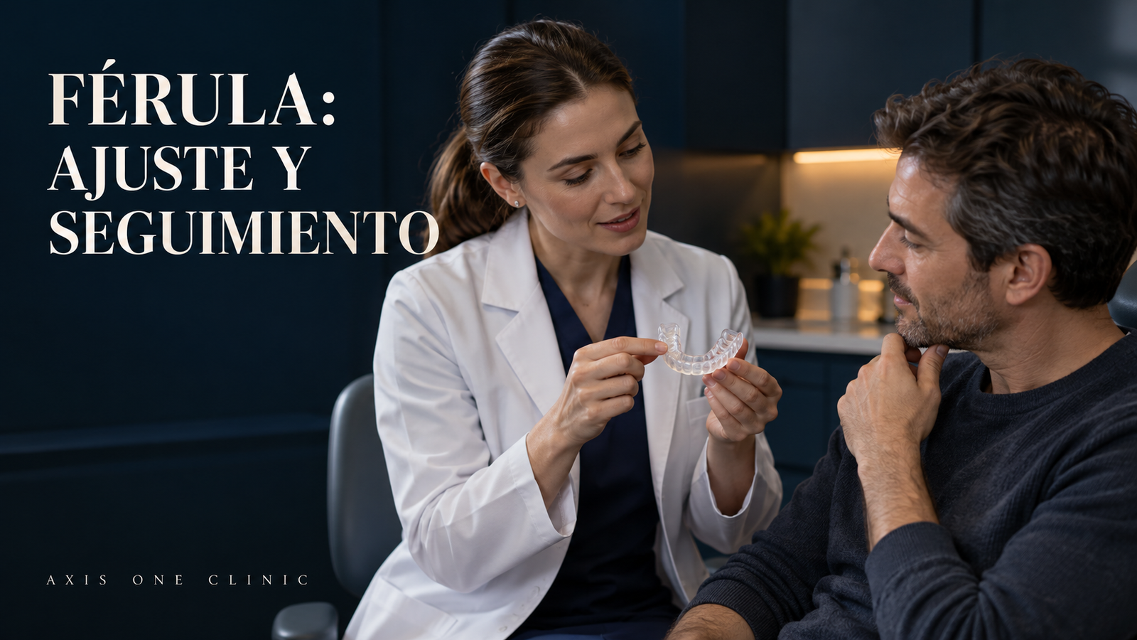 Profesional mostrando una férula dental durante una consulta