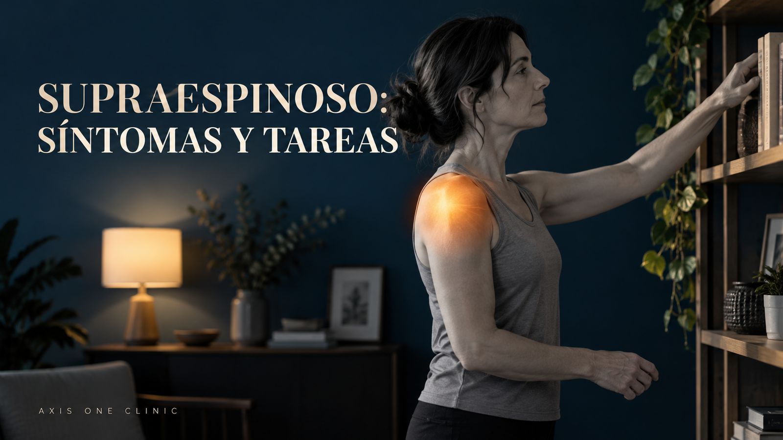 Persona alcanzando un objeto con el brazo elevado y la zona del hombro resaltada