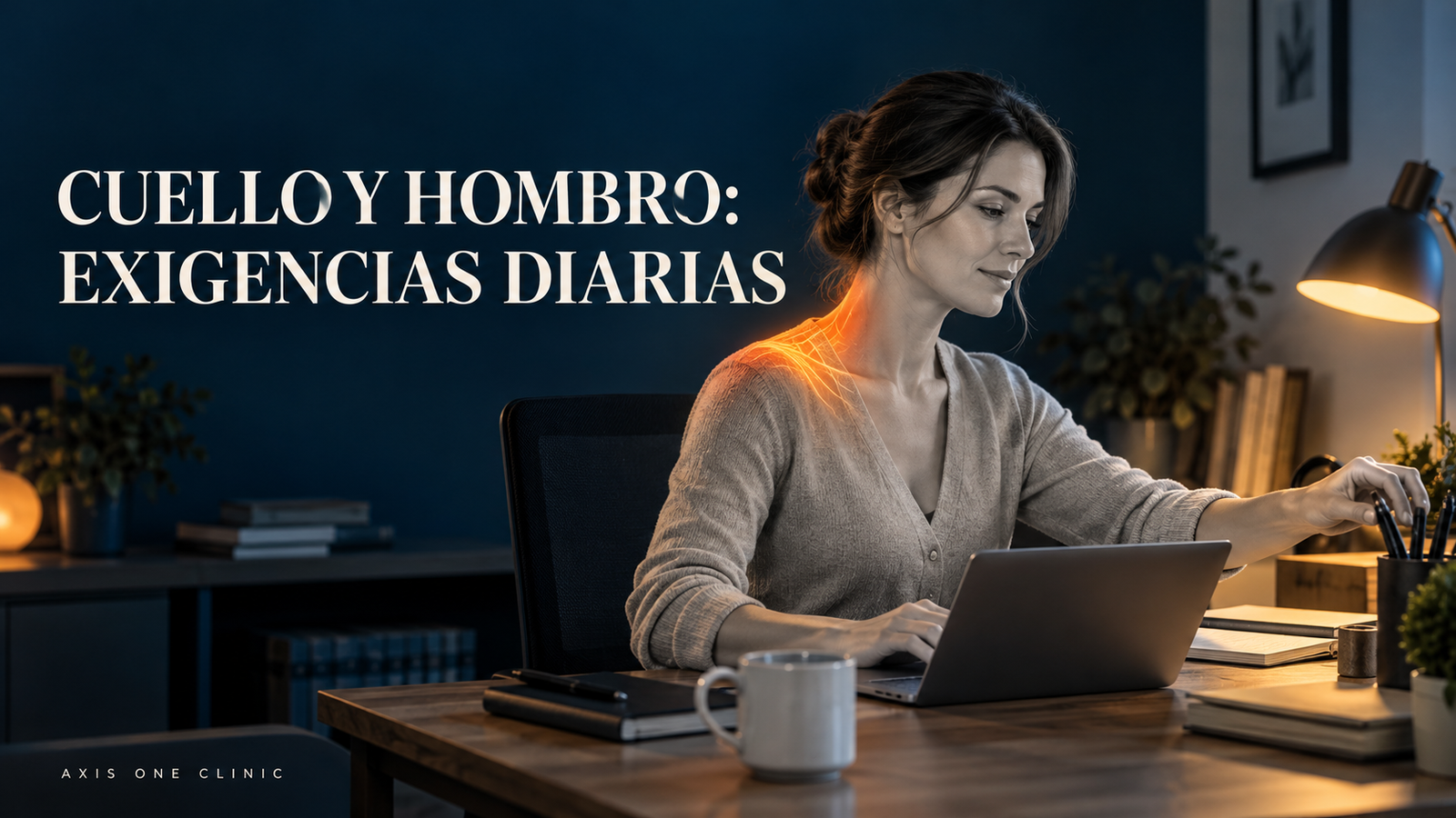 Persona trabajando en un escritorio con la zona entre cuello y hombro resaltada