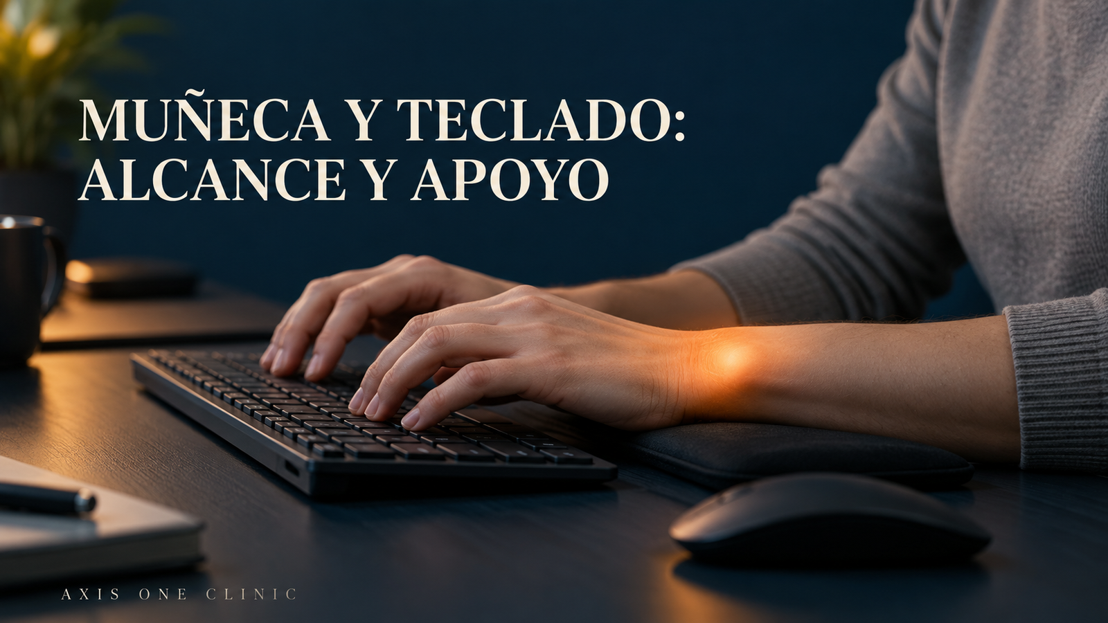 Manos usando un teclado con apoyo para las muñecas