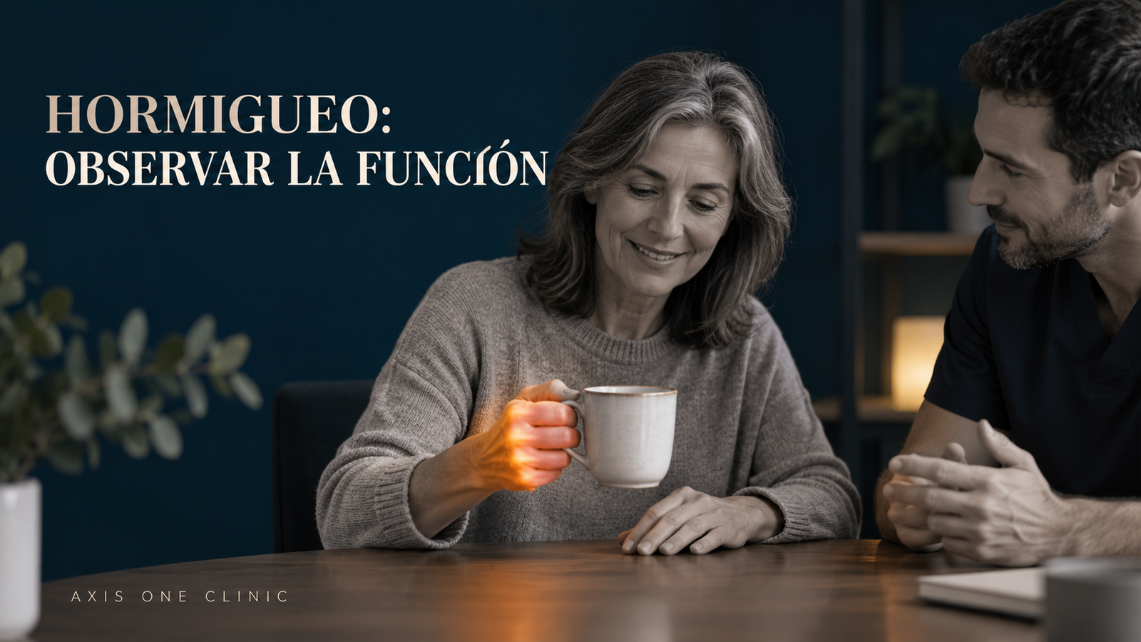 Persona sosteniendo una taza ligera durante una observación funcional