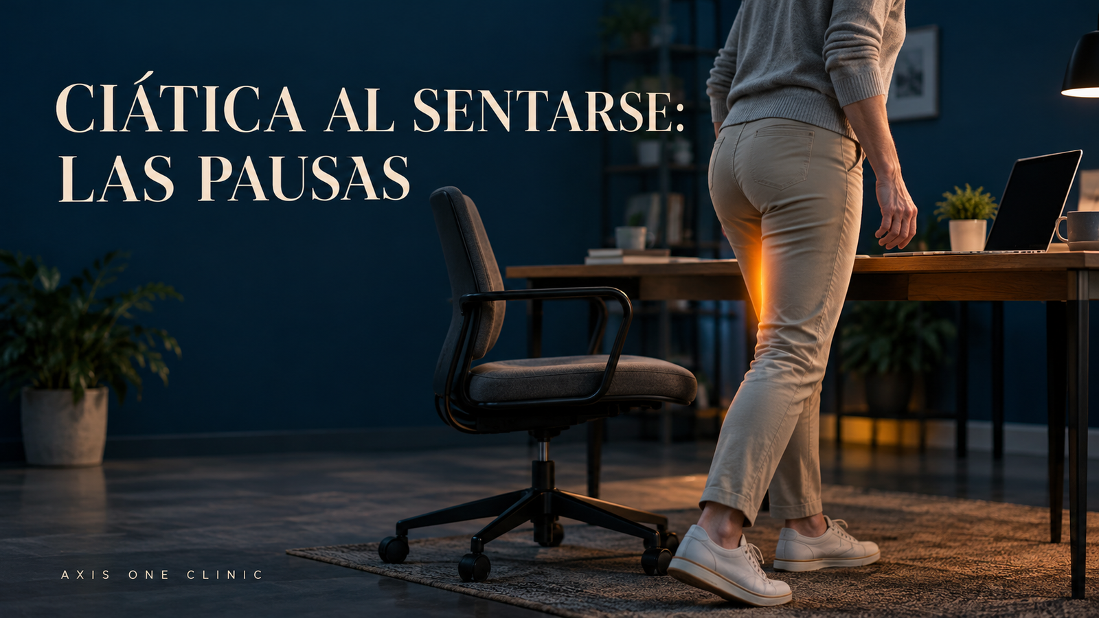 Persona levantándose de la silla para hacer una pausa con ciática