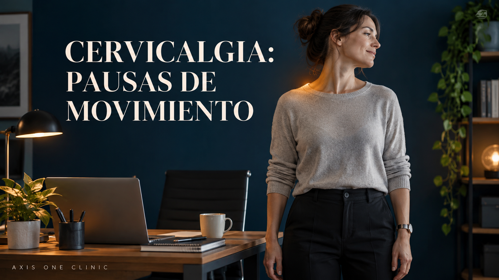 Persona haciendo una pausa de movimiento junto al escritorio