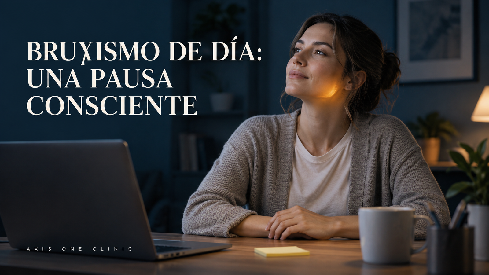 Persona haciendo una pausa frente al monitor con la mandíbula relajada