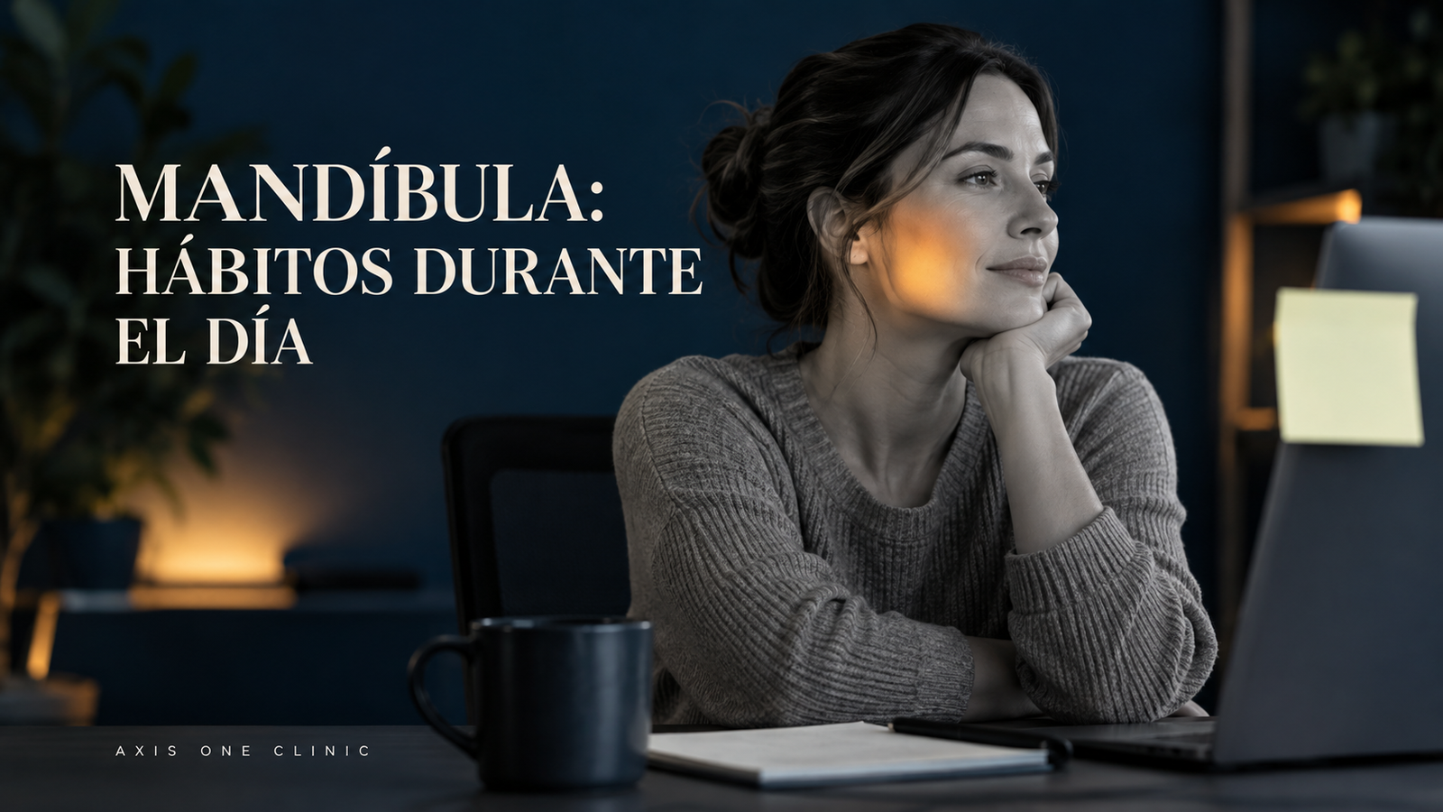 Persona frente al escritorio con la mandíbula apoyada en la mano