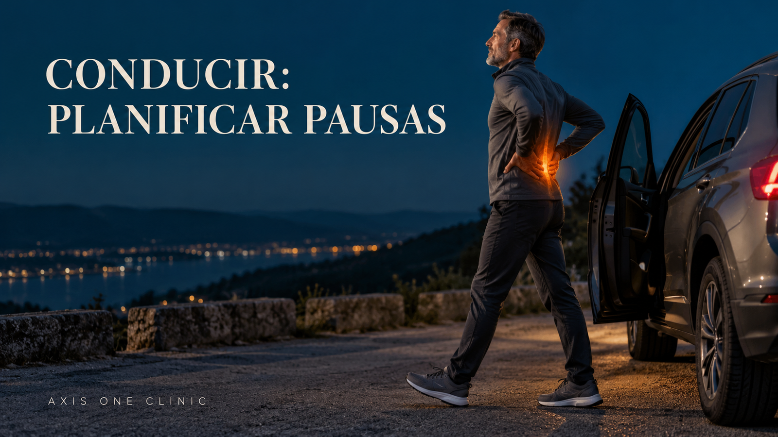Persona haciendo una pausa junto al vehículo