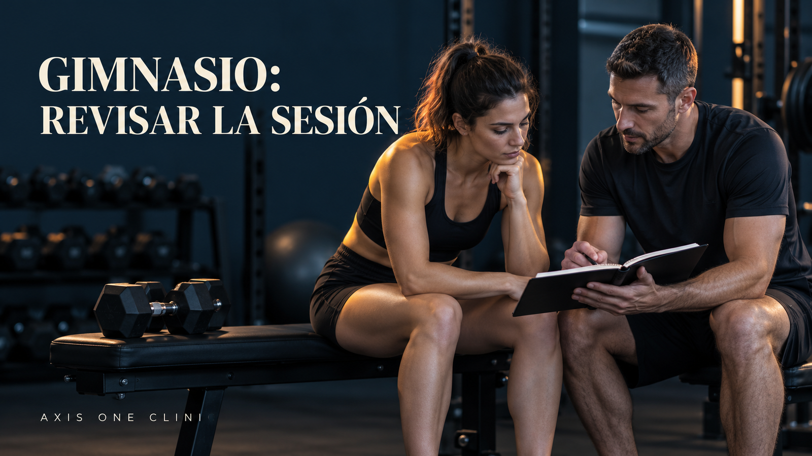 Dos personas revisando un registro de entrenamiento sentadas en un banco del gimnasio