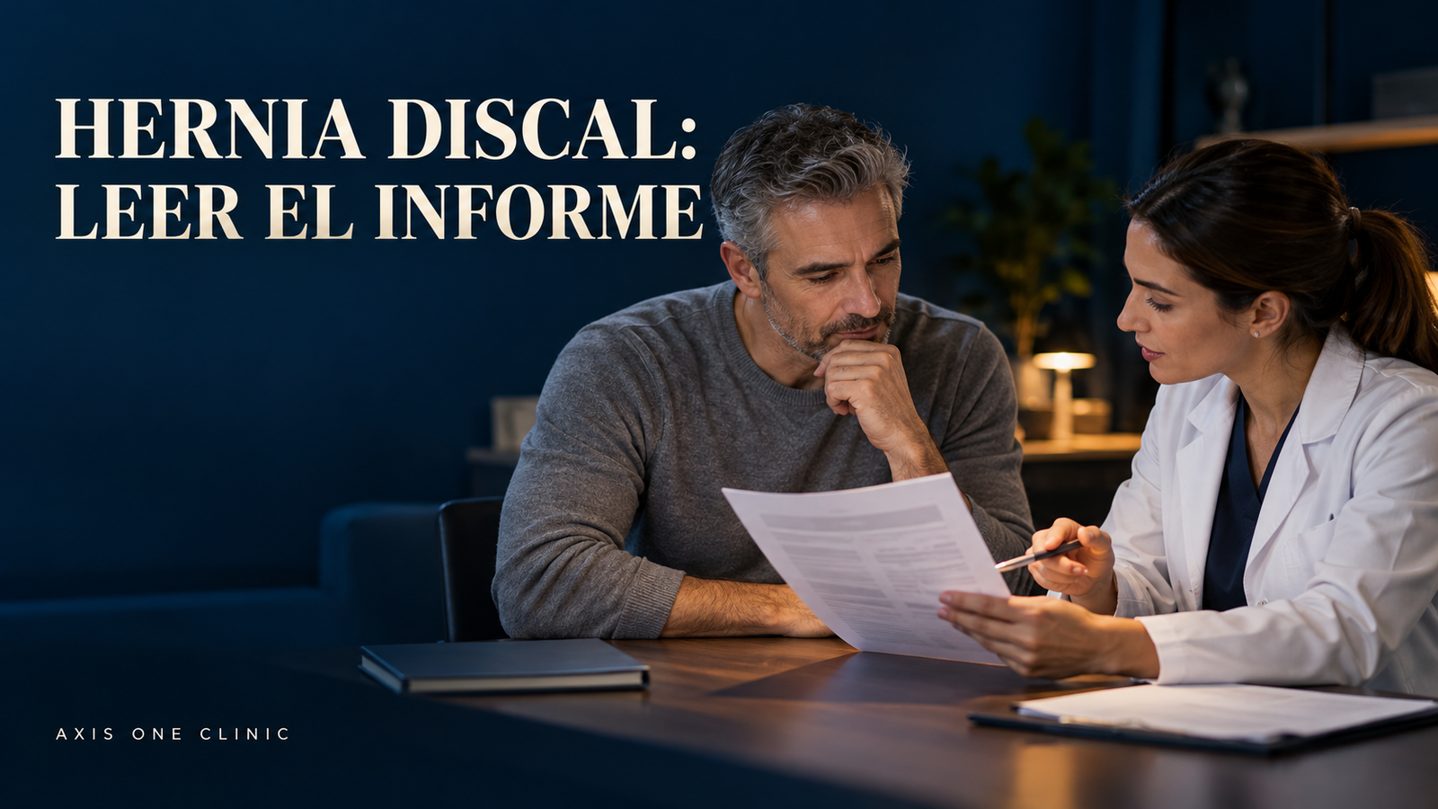 Persona revisando un informe sobre hernia o protrusión discal con un profesional