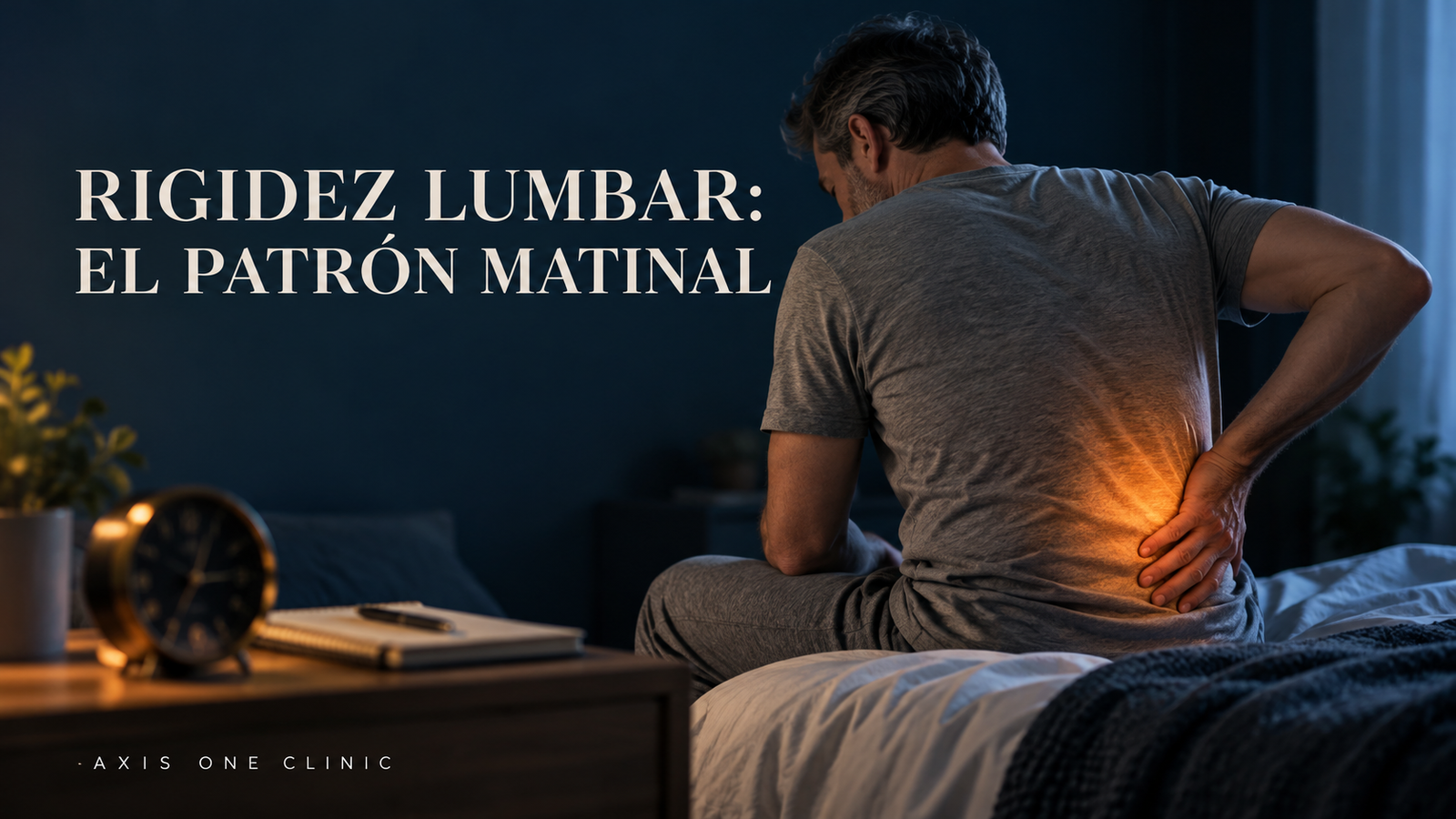 Persona sentada al borde de la cama señalando la zona lumbar