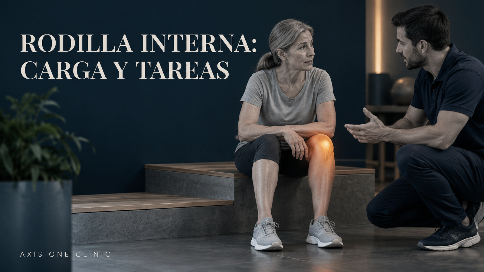 Persona conversando sobre la rodilla y las tareas cotidianas junto a un escalón